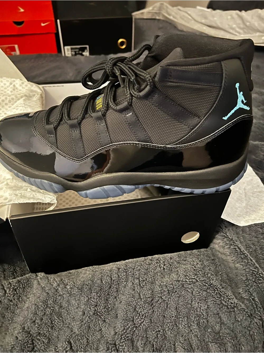 Gamma (2025) Men Retro 11 Jordan Black Patent Leather Sneakers with Teal Jumpman